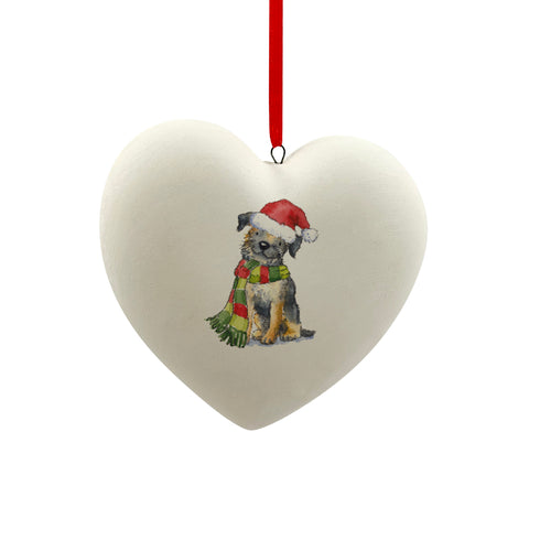 Border Terrier in Santa Hat Christmas Heart Bauble